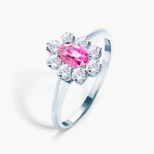 Pierścionek zaręczynowy SAVICKI: białe złoto, różowy szafir, białe szafiry